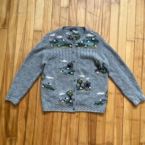 Northern Isles Cardigan Sweater Scene Sheep Trees Buttons Size S P Cottage core